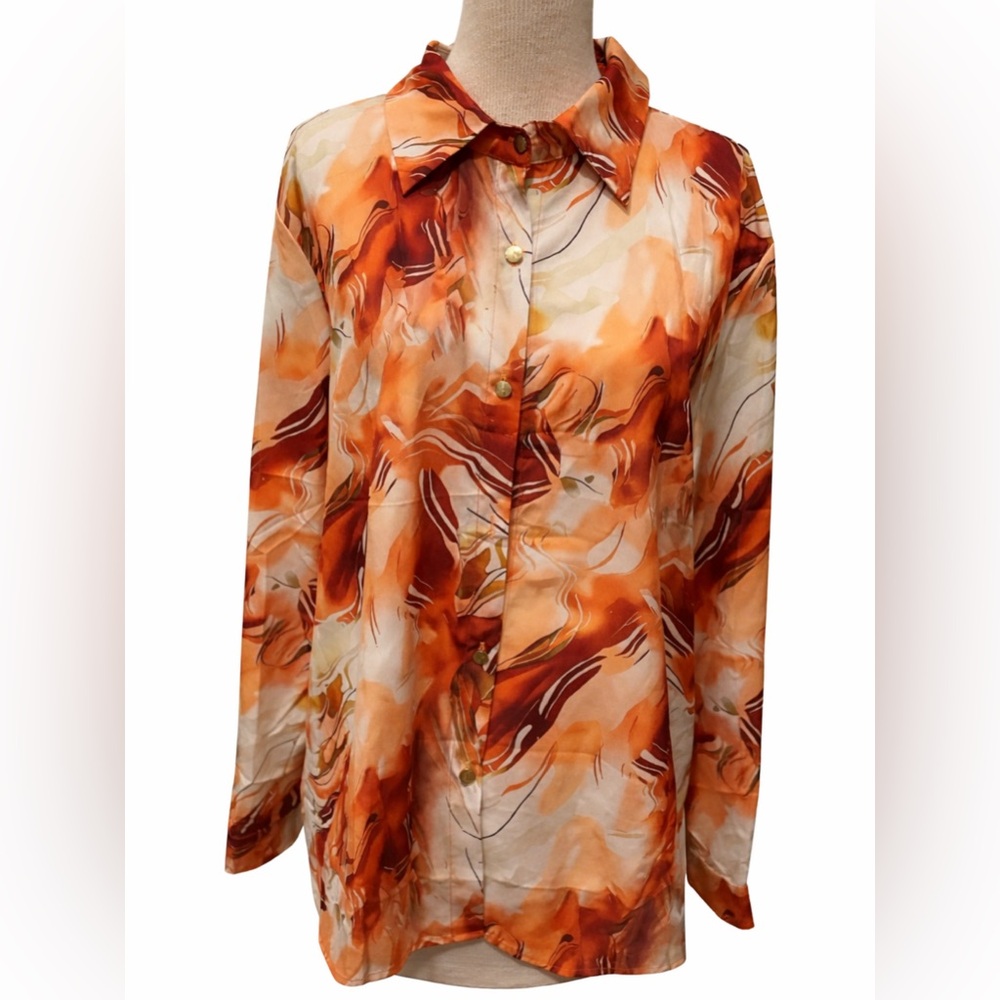 Abstract Orange Watercolor Button Front Blouse Women's Long Sleeve Top